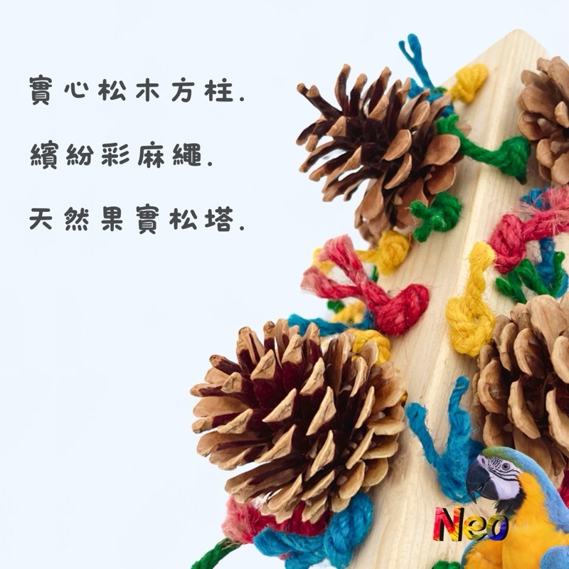 天然啃咬玩具 彩虹松塔煙火柱 天然松果8顆 實心方住 繽紛麻繩點綴 妮歐小賣部｜鸚鵡用品玩具首選 🚚24H快速出貨-細節圖3