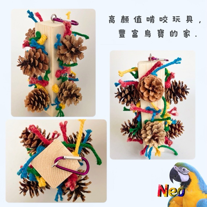 天然啃咬玩具 彩虹松塔煙火柱 天然松果8顆 實心方住 繽紛麻繩點綴 妮歐小賣部｜鸚鵡用品玩具首選 🚚24H快速出貨-細節圖4