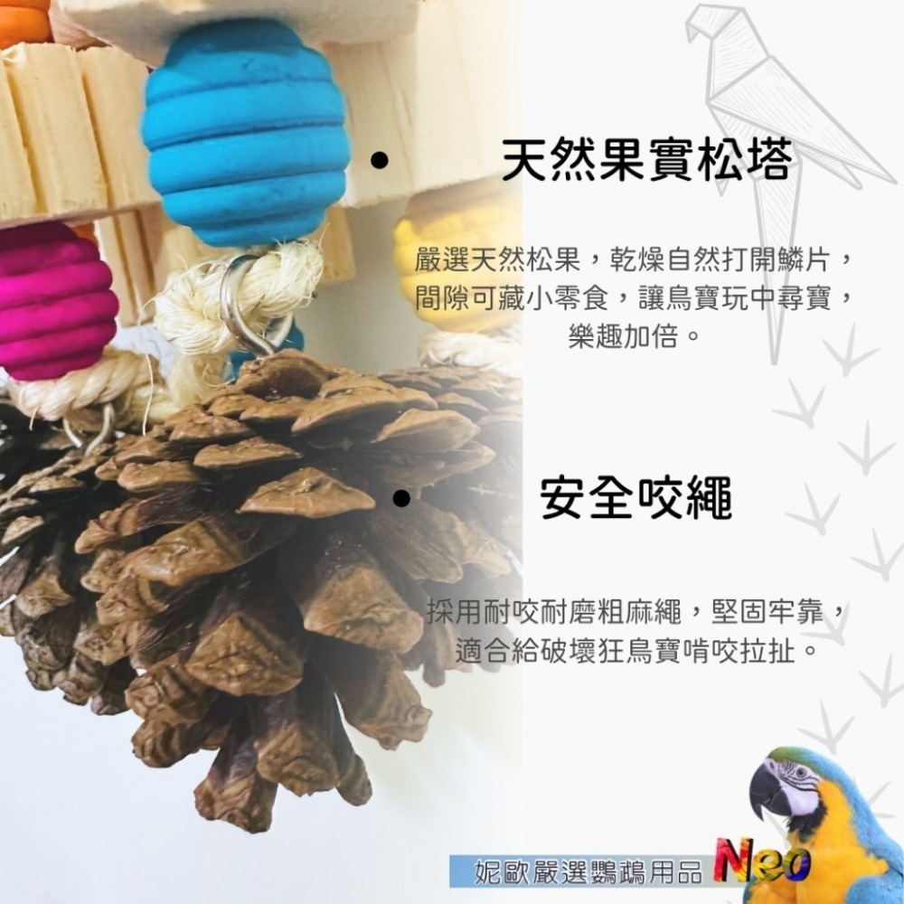 天然啃咬玩具 松果彩虹糖 六角大木片搭配彩色木珠點綴 啃咬 放電 大玩具 妮歐小賣部｜鸚鵡用品玩具首選 🚚24H快速出-細節圖4