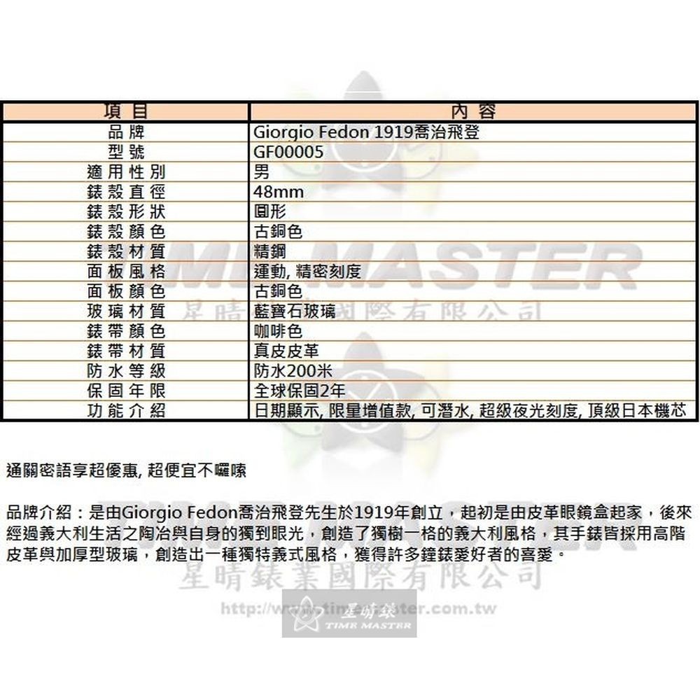 Giorgio Fedon 1919喬治飛登男錶,編號GF00005,48mm古銅色錶殼,咖啡色錶帶款-細節圖10