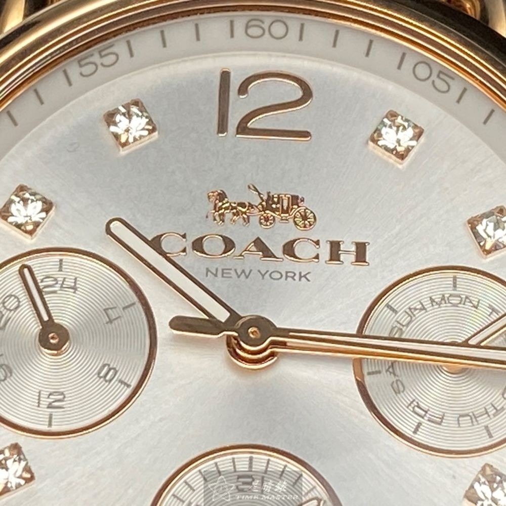 COACH蔻馳女錶,編號CH00001,30mm玫瑰金方形精鋼錶殼,玫瑰金色三眼錶面,玫瑰金色精鋼錶帶款-細節圖9