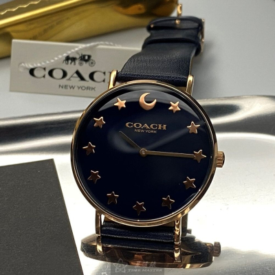 COACH蔻馳女錶,編號CH00009,36mm玫瑰金圓形精鋼錶殼,黑色簡約, 星空款錶面,深黑色真皮皮革錶帶款
