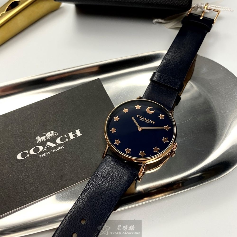 COACH蔻馳女錶,編號CH00009,36mm玫瑰金圓形精鋼錶殼,黑色簡約, 星空款錶面,深黑色真皮皮革錶帶款-細節圖2