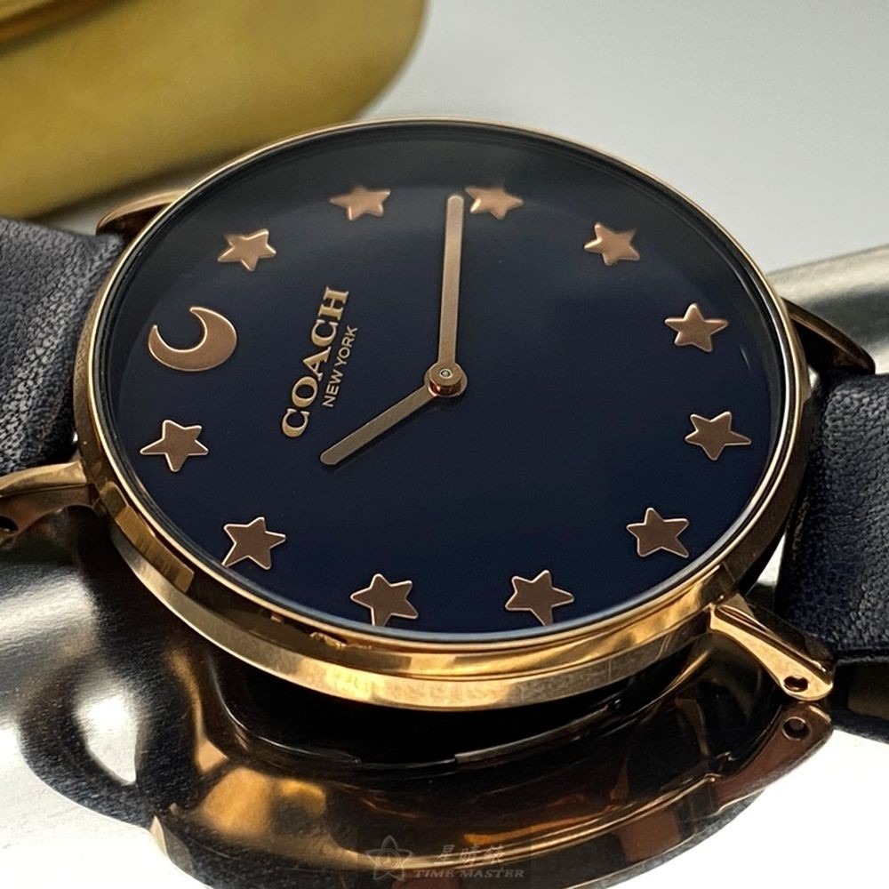 COACH蔻馳女錶,編號CH00009,36mm玫瑰金圓形精鋼錶殼,黑色簡約, 星空款錶面,深黑色真皮皮革錶帶款-細節圖8