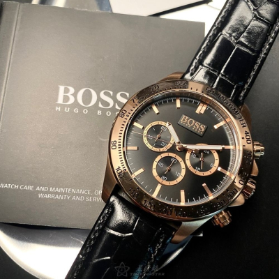 BOSS:手錶,型號:HB1513179,男錶44mm玫瑰金錶殼黑色錶面真皮皮革錶帶款