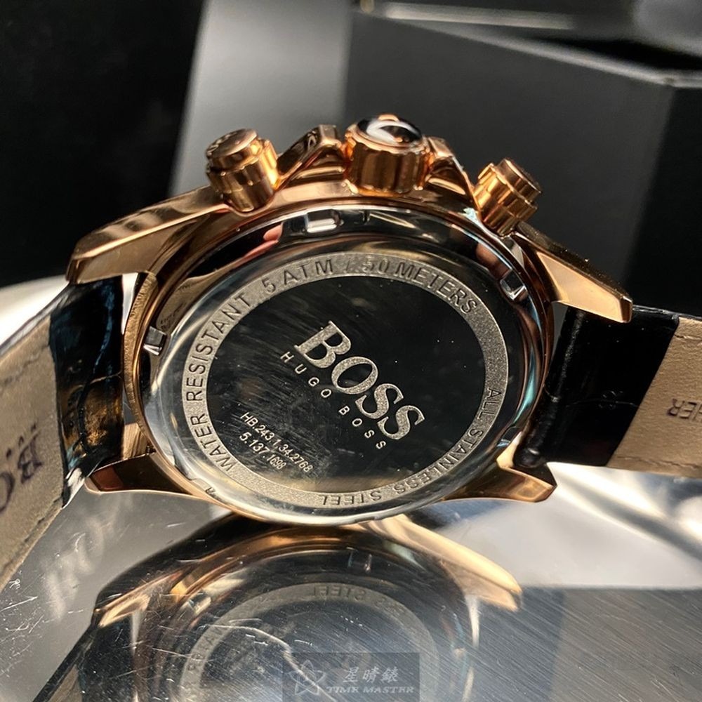 BOSS:手錶,型號:HB1513179,男錶44mm玫瑰金錶殼黑色錶面真皮皮革錶帶款-細節圖4