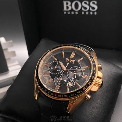 BOSS:手錶,型號:HB1513092,男錶44mm玫瑰金錶殼黑色錶面真皮皮革錶帶款