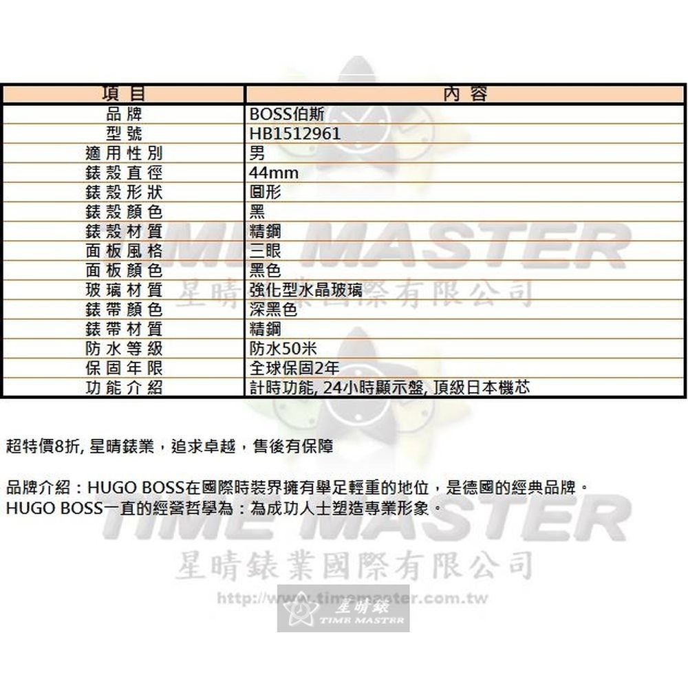 BOSS:手錶,型號:HB1512961,男錶44mm黑錶殼黑色錶面精鋼錶帶款-細節圖10