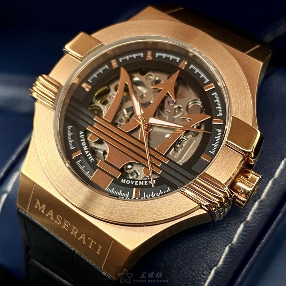 MASERATI:手錶,型號:R8821108030,男女通用錶42mm玫瑰金錶殼黑玫瑰金色機械鏤空錶面真皮皮革錶帶款-細節圖3