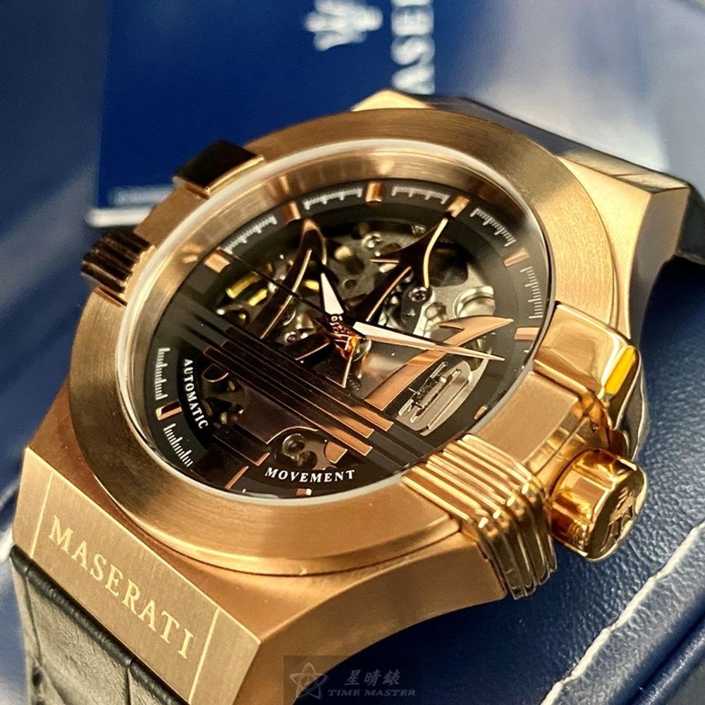 MASERATI:手錶,型號:R8821108030,男女通用錶42mm玫瑰金錶殼黑玫瑰金色機械鏤空錶面真皮皮革錶帶款-細節圖4