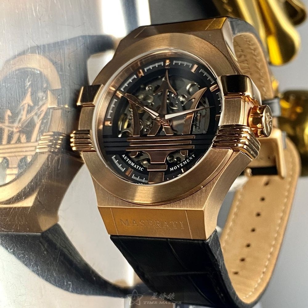MASERATI:手錶,型號:R8821108030,男女通用錶42mm玫瑰金錶殼黑玫瑰金色機械鏤空錶面真皮皮革錶帶款-細節圖7