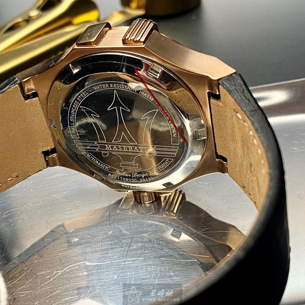 MASERATI:手錶,型號:R8821108030,男女通用錶42mm玫瑰金錶殼黑玫瑰金色機械鏤空錶面真皮皮革錶帶款-細節圖8