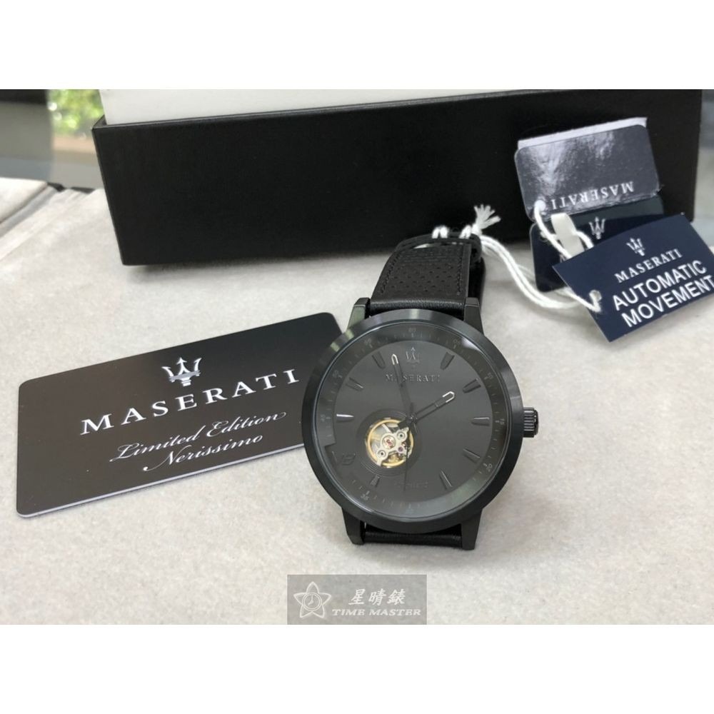MASERATI:手錶,型號:R8821134001,男錶44mm, 46mm黑錶殼黑雙面機械鏤空錶面真皮皮革錶帶款-細節圖3