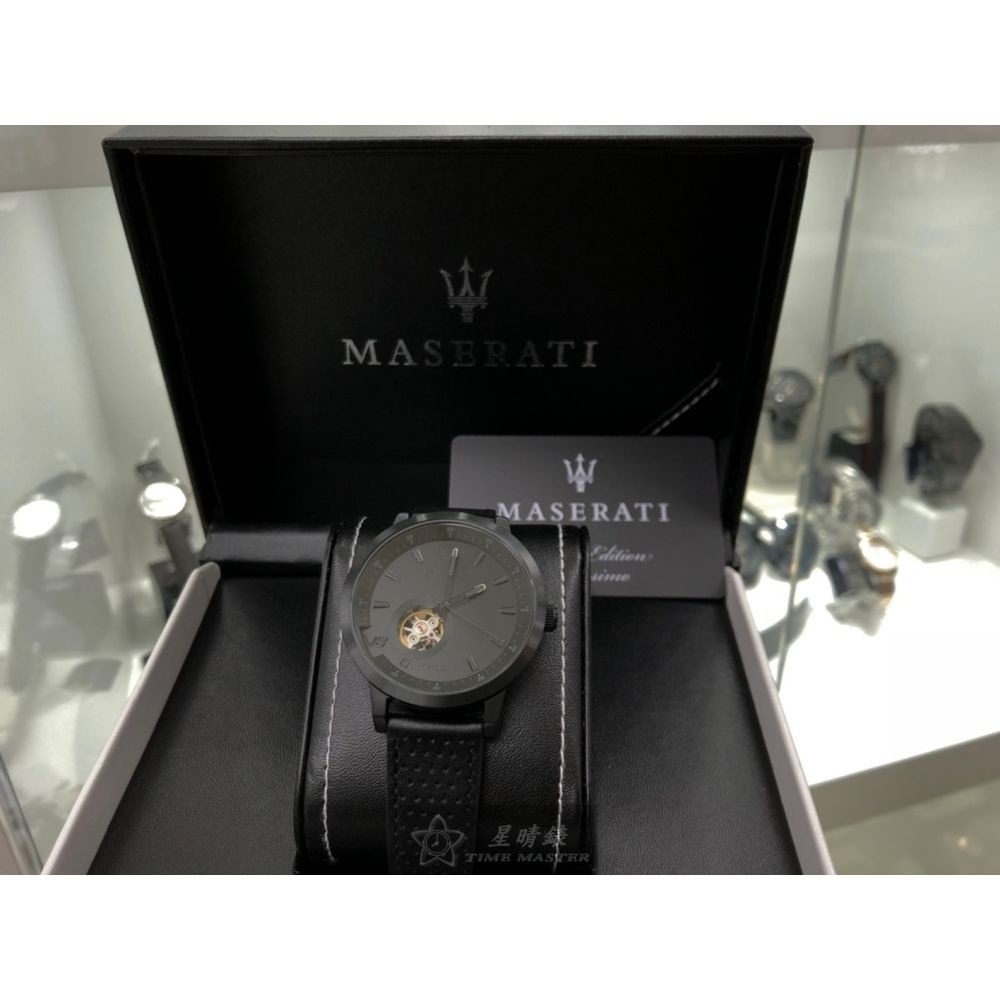 MASERATI:手錶,型號:R8821134001,男錶44mm, 46mm黑錶殼黑雙面機械鏤空錶面真皮皮革錶帶款-細節圖5