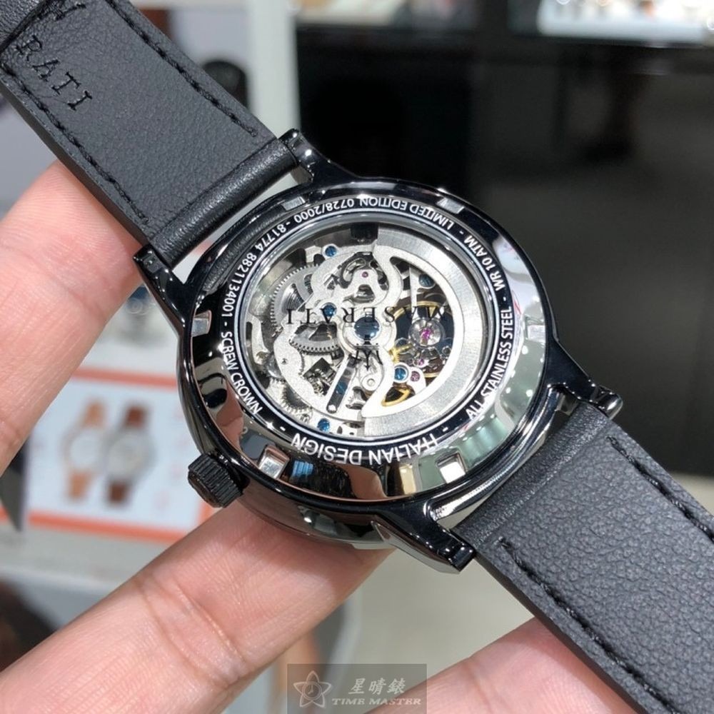 MASERATI:手錶,型號:R8821134001,男錶44mm, 46mm黑錶殼黑雙面機械鏤空錶面真皮皮革錶帶款-細節圖7