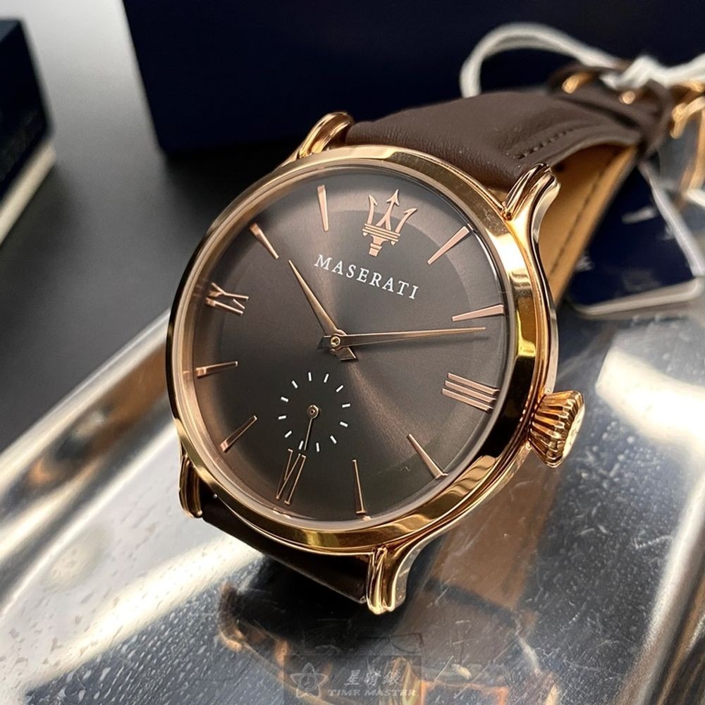 MASERATI:手錶,型號:R8851118006,男女通用錶42mm玫瑰金錶殼古銅色錶面真皮皮革錶帶款-細節圖3