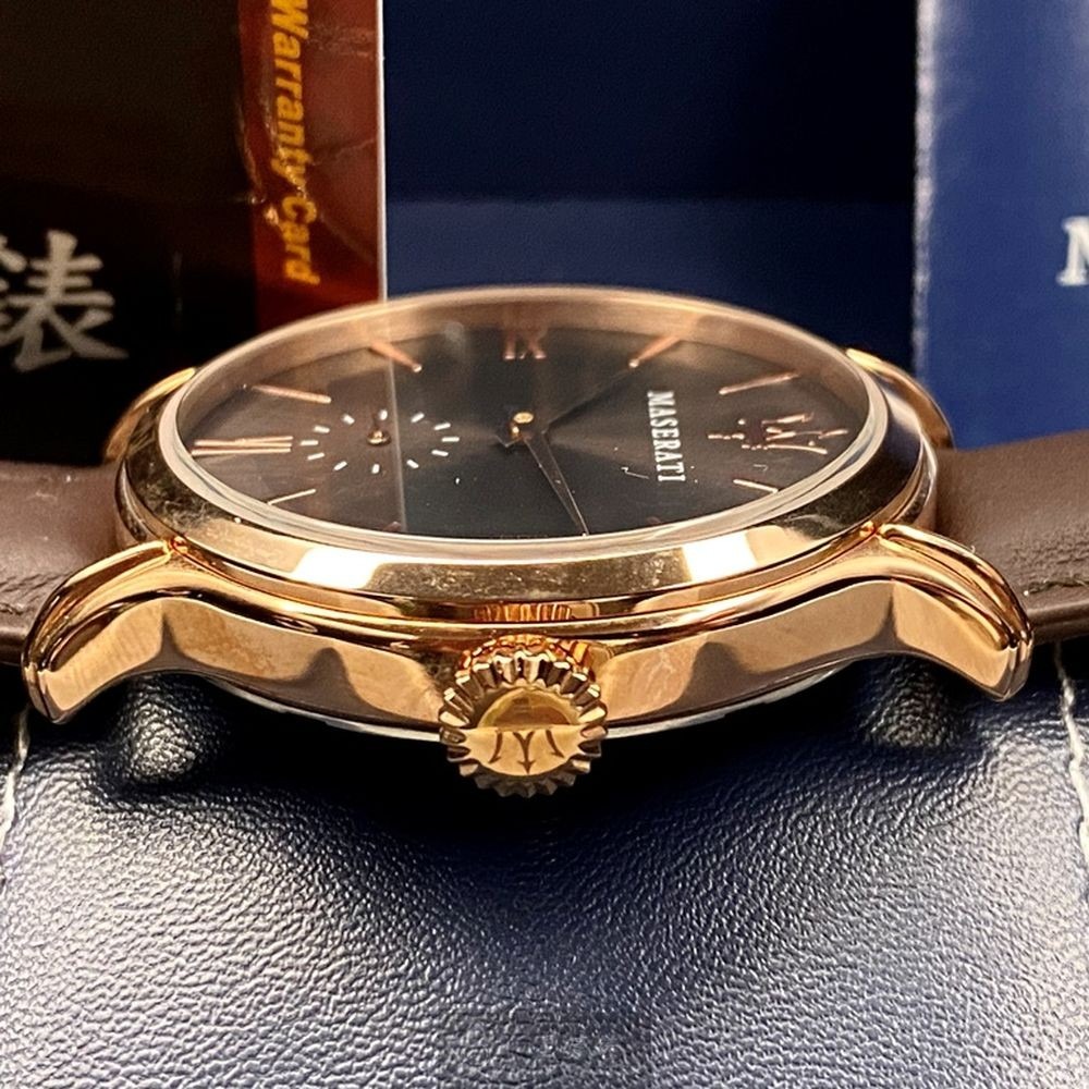 MASERATI:手錶,型號:R8851118006,男女通用錶42mm玫瑰金錶殼古銅色錶面真皮皮革錶帶款-細節圖6