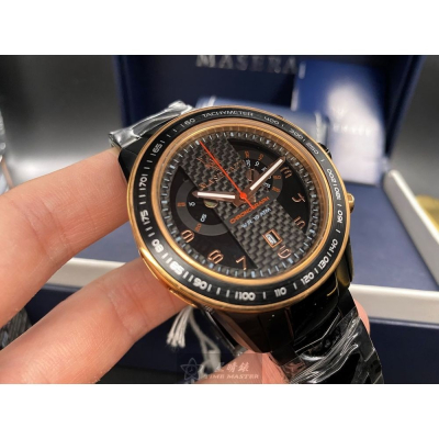MASERATI:手錶,型號:R8873610002,男錶46mm黑錶殼黑玫瑰金色錶面精鋼錶帶款