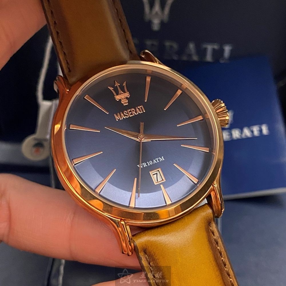 MASERATI:手錶,型號:R8851118001,男女通用錶42mm玫瑰金錶殼寶藍色錶面真皮皮革錶帶款-細節圖3
