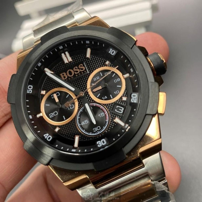 BOSS:手錶,型號:HB1513358,男錶46mm黑金錶殼黑色錶面精鋼錶帶款