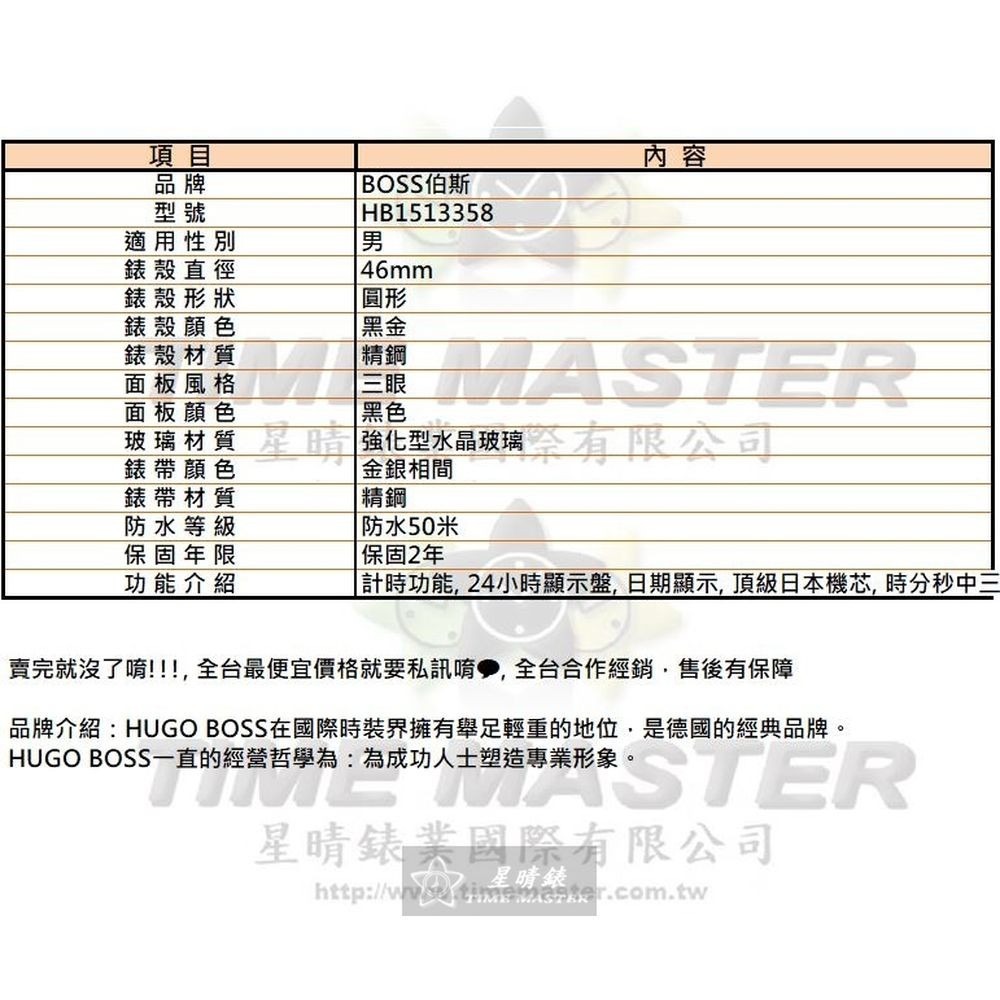 BOSS:手錶,型號:HB1513358,男錶46mm黑金錶殼黑色錶面精鋼錶帶款-細節圖10