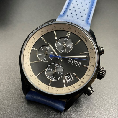BOSS:手錶,型號:HB1513563,男女通用錶44mm黑錶殼鐵灰錶面真皮皮革錶帶款