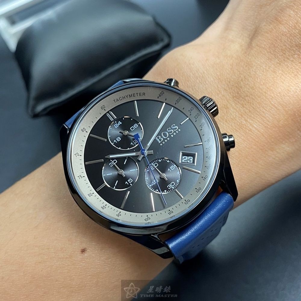 BOSS:手錶,型號:HB1513563,男女通用錶44mm黑錶殼鐵灰錶面真皮皮革錶帶款-細節圖3