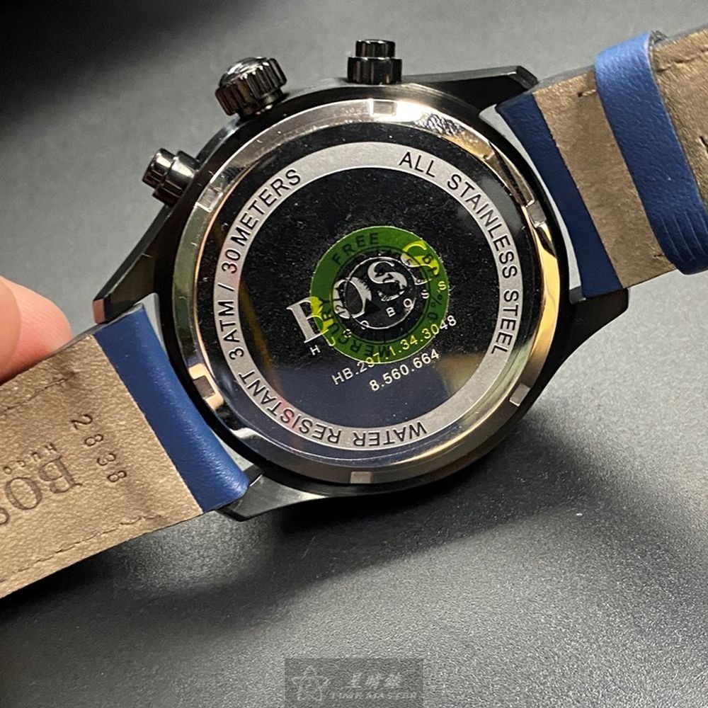 BOSS:手錶,型號:HB1513563,男女通用錶44mm黑錶殼鐵灰錶面真皮皮革錶帶款-細節圖5