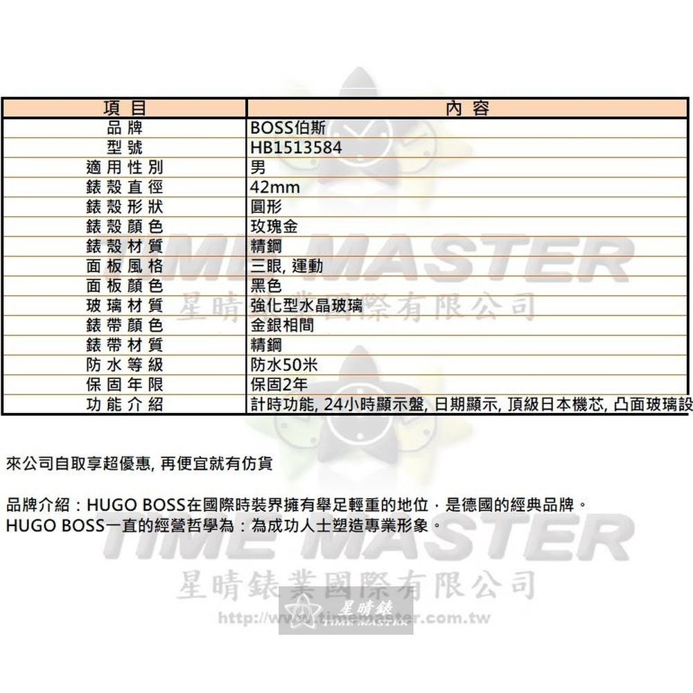 BOSS:手錶,型號:HB1513584,男錶42mm玫瑰金錶殼黑色錶面精鋼錶帶款-細節圖10