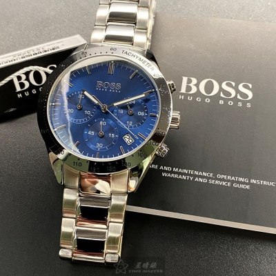 BOSS:手錶,型號:HB1513582,男錶42mm銀錶殼寶藍色錶面精鋼錶帶款