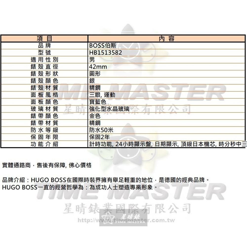 BOSS:手錶,型號:HB1513582,男錶42mm銀錶殼寶藍色錶面精鋼錶帶款-細節圖10