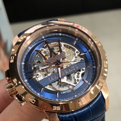 MASERATI:手錶,型號:R8821119005,男錶46mm玫瑰金錶殼寶藍色錶面真皮皮革錶帶款