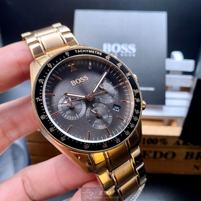 BOSS:手錶,型號:HB1513632,男錶44mm玫瑰金錶殼黑色錶面精鋼錶帶款