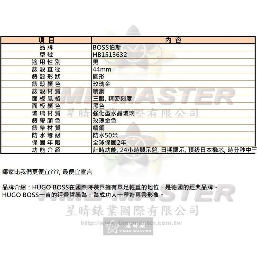 BOSS:手錶,型號:HB1513632,男錶44mm玫瑰金錶殼黑色錶面精鋼錶帶款-細節圖10