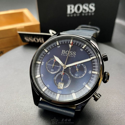 BOSS:手錶,型號:HB1513711,男女通用錶40mm黑錶殼寶藍色錶面真皮皮革錶帶款