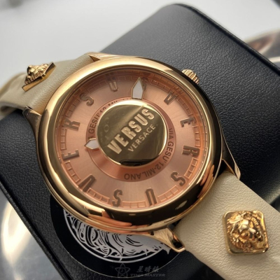 VERSUS VERSACE:手錶,型號:VV00278,女錶40mm玫瑰金錶殼粉金錶面真皮皮革錶帶款