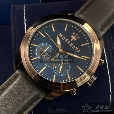 MASERATI:手錶,型號:R8871612008,男女通用錶46mm古銅色錶殼寶藍色錶面真皮皮革錶帶款