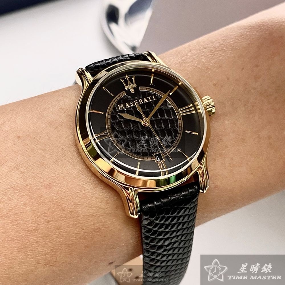 MASERATI:手錶,型號:R8851118501,女錶34mm金色錶殼黑色錶面真皮皮革錶帶款-細節圖3