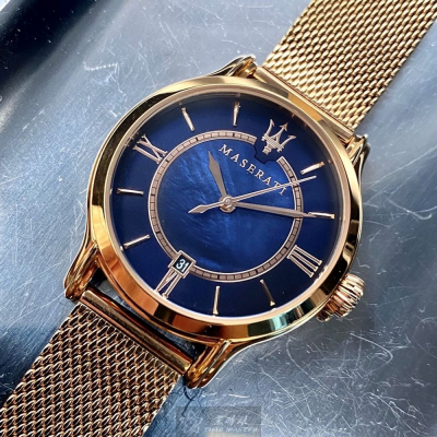 MASERATI:手錶,型號:R8853118503,女錶34mm玫瑰金錶殼寶藍色錶面米蘭錶帶款