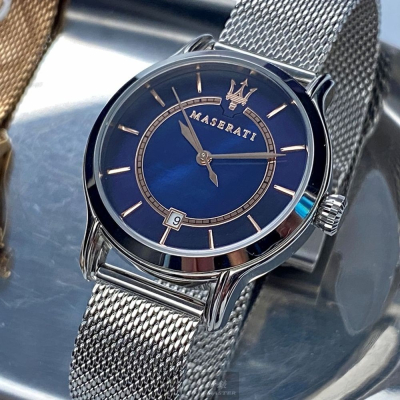 MASERATI:手錶,型號:R8853118507,女錶34mm銀錶殼寶藍色貝母錶面米蘭錶帶款
