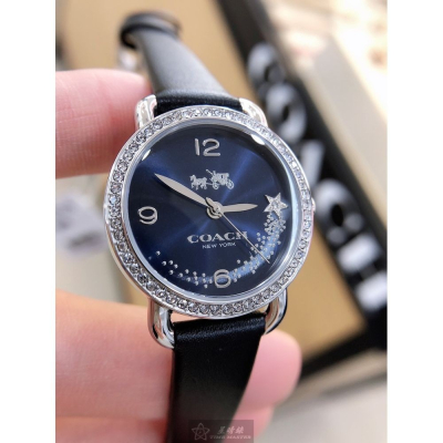 COACH:手錶,型號:CH00032,女錶28mm銀錶殼寶藍色錶面真皮皮革錶帶款