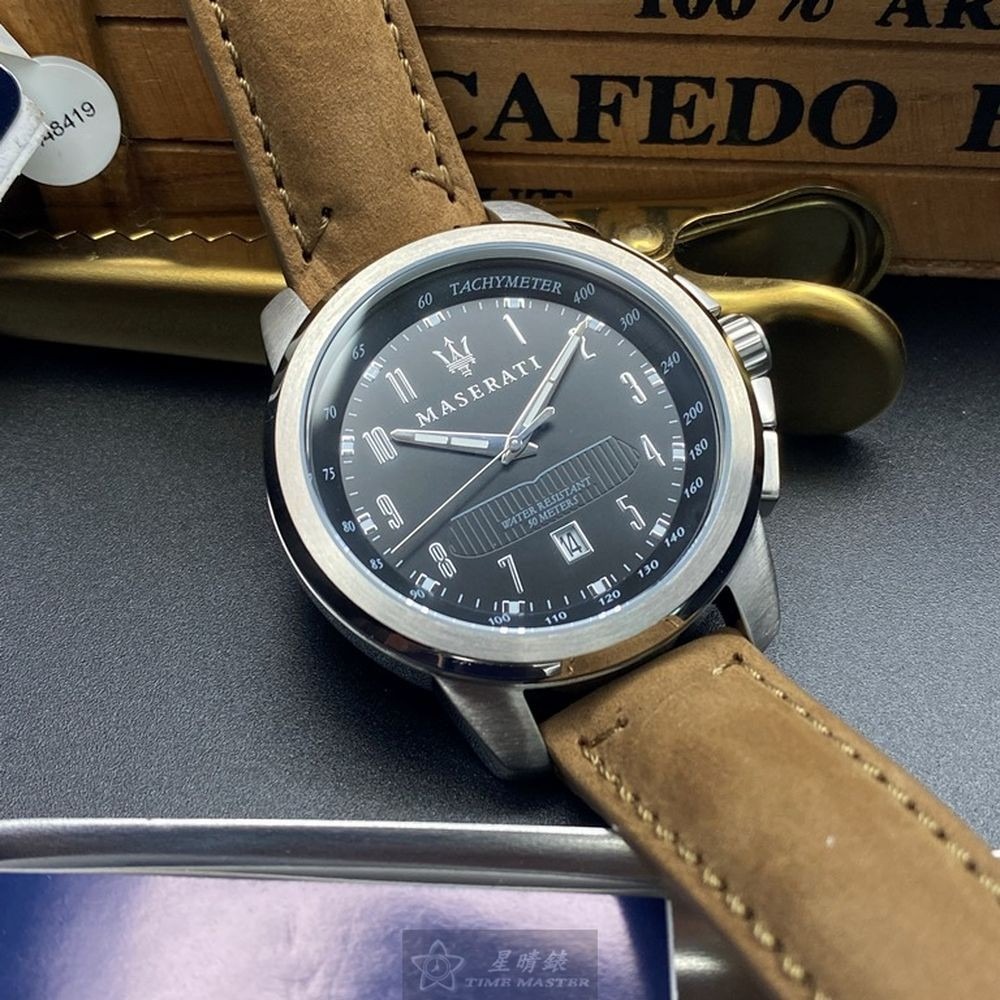 MASERATI:手錶,型號:R8851121004,男女通用錶44mm銀錶殼黑色錶面真皮皮革錶帶款-細節圖2