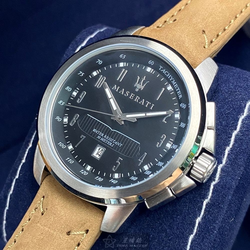 MASERATI:手錶,型號:R8851121004,男女通用錶44mm銀錶殼黑色錶面真皮皮革錶帶款-細節圖4