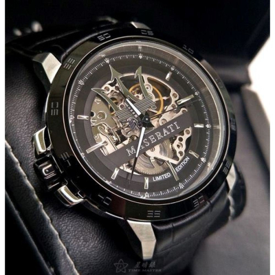 MASERATI:手錶,型號:R8821119007,男女通用錶46mm銀黑錶殼黑色錶面真皮皮革錶帶款