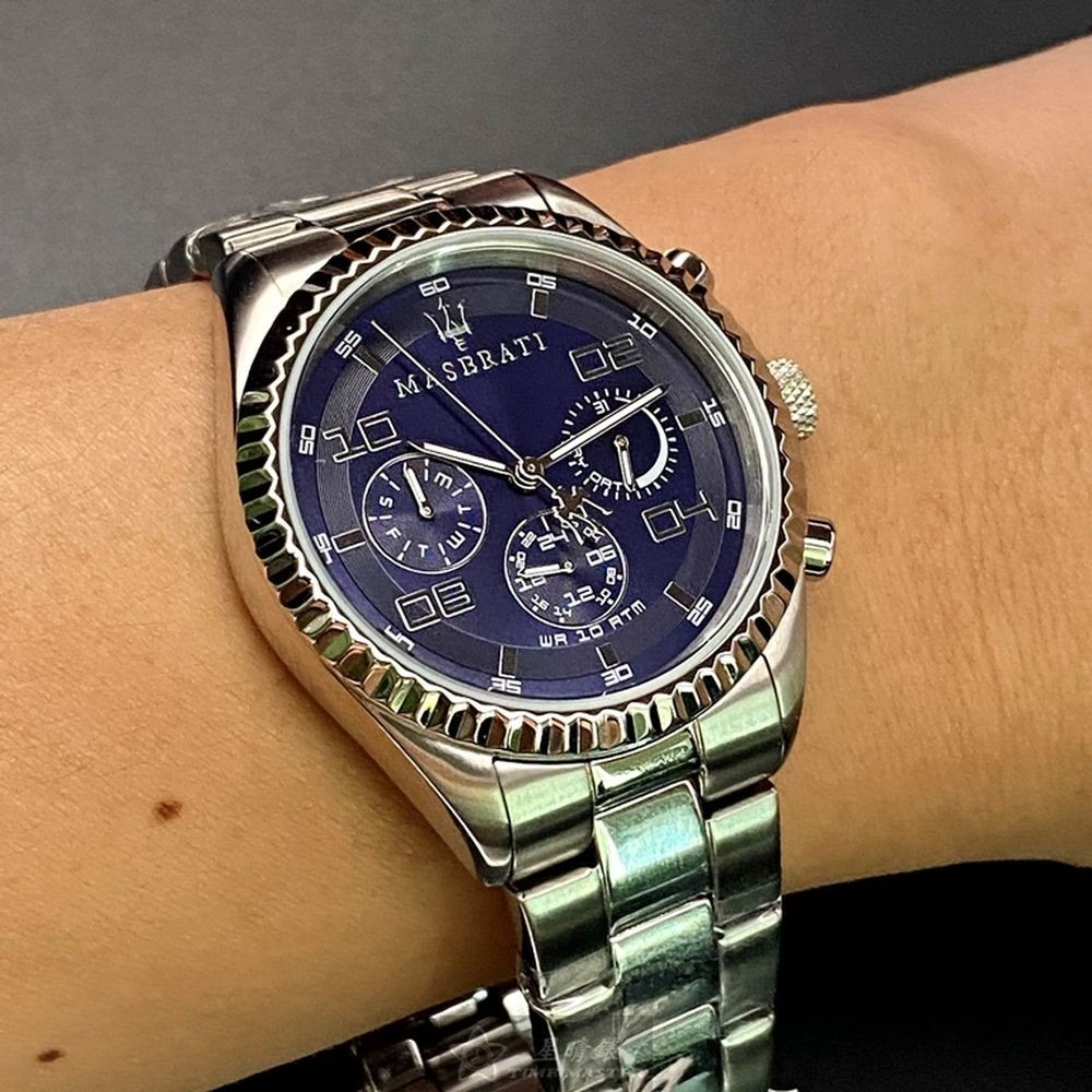 MASERATI:手錶,型號:R8851100011,男女通用錶38mm銀錶殼寶藍色錶面精鋼錶帶款-細節圖5