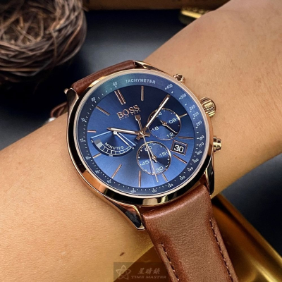 BOSS:手錶,型號:HB1513604,男女通用錶44mm玫瑰金錶殼寶藍色錶面真皮皮革錶帶款