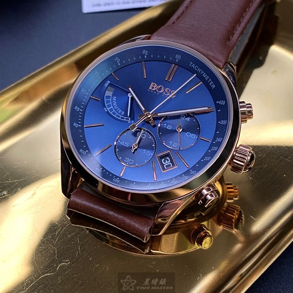 BOSS:手錶,型號:HB1513604,男女通用錶44mm玫瑰金錶殼寶藍色錶面真皮皮革錶帶款-細節圖2