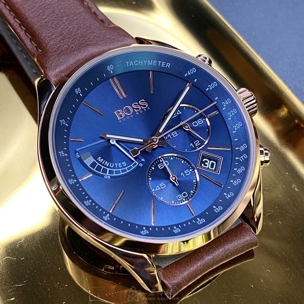 BOSS:手錶,型號:HB1513604,男女通用錶44mm玫瑰金錶殼寶藍色錶面真皮皮革錶帶款-細節圖3