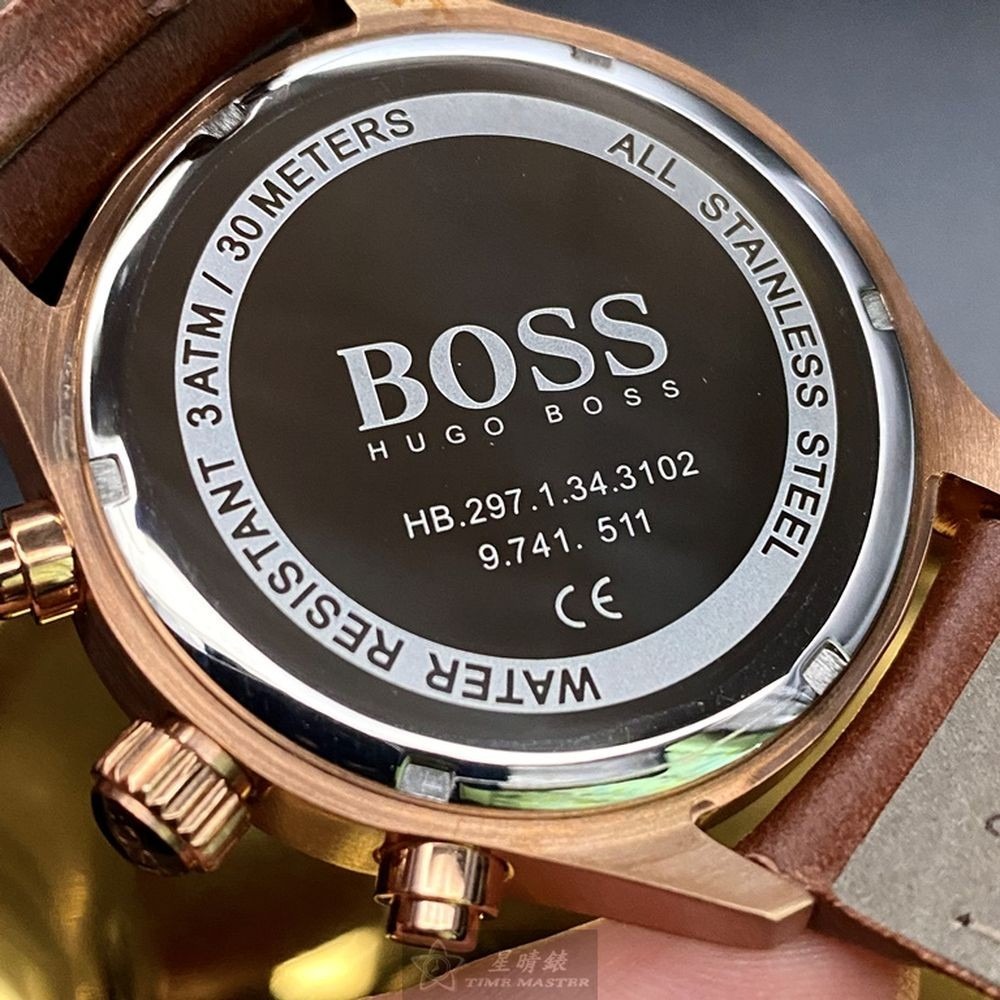 BOSS:手錶,型號:HB1513604,男女通用錶44mm玫瑰金錶殼寶藍色錶面真皮皮革錶帶款-細節圖7
