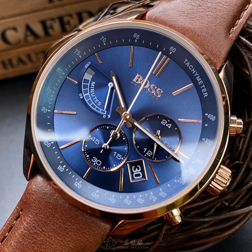 BOSS:手錶,型號:HB1513604,男女通用錶44mm玫瑰金錶殼寶藍色錶面真皮皮革錶帶款-細節圖8